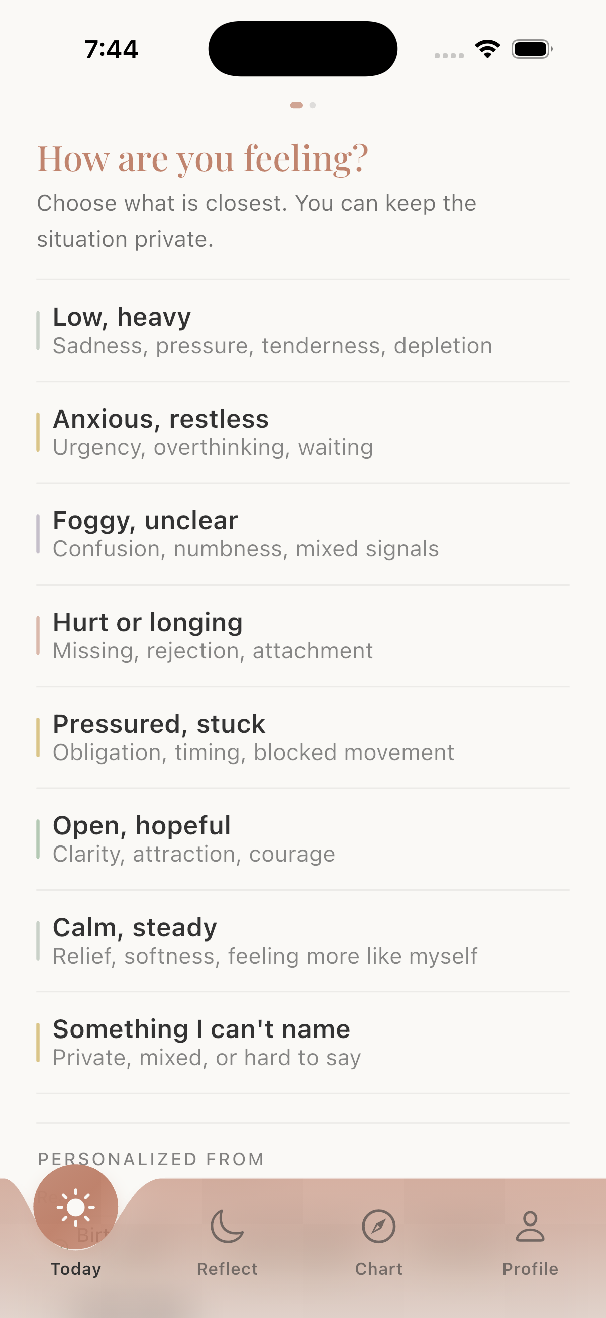 Cosmicly check-in screen with an unselected list of feelings.