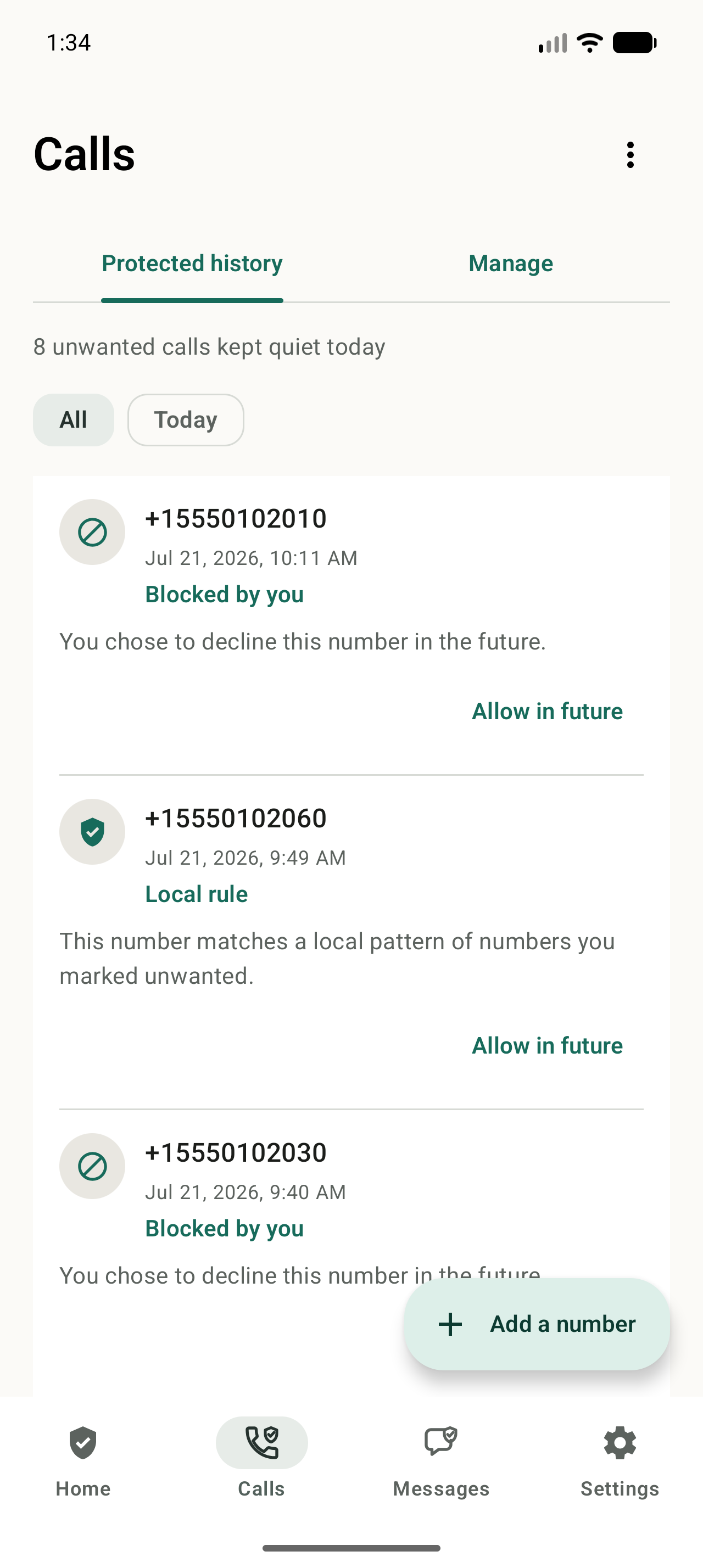 NoRing Call Protection history explaining local call-screening decisions.